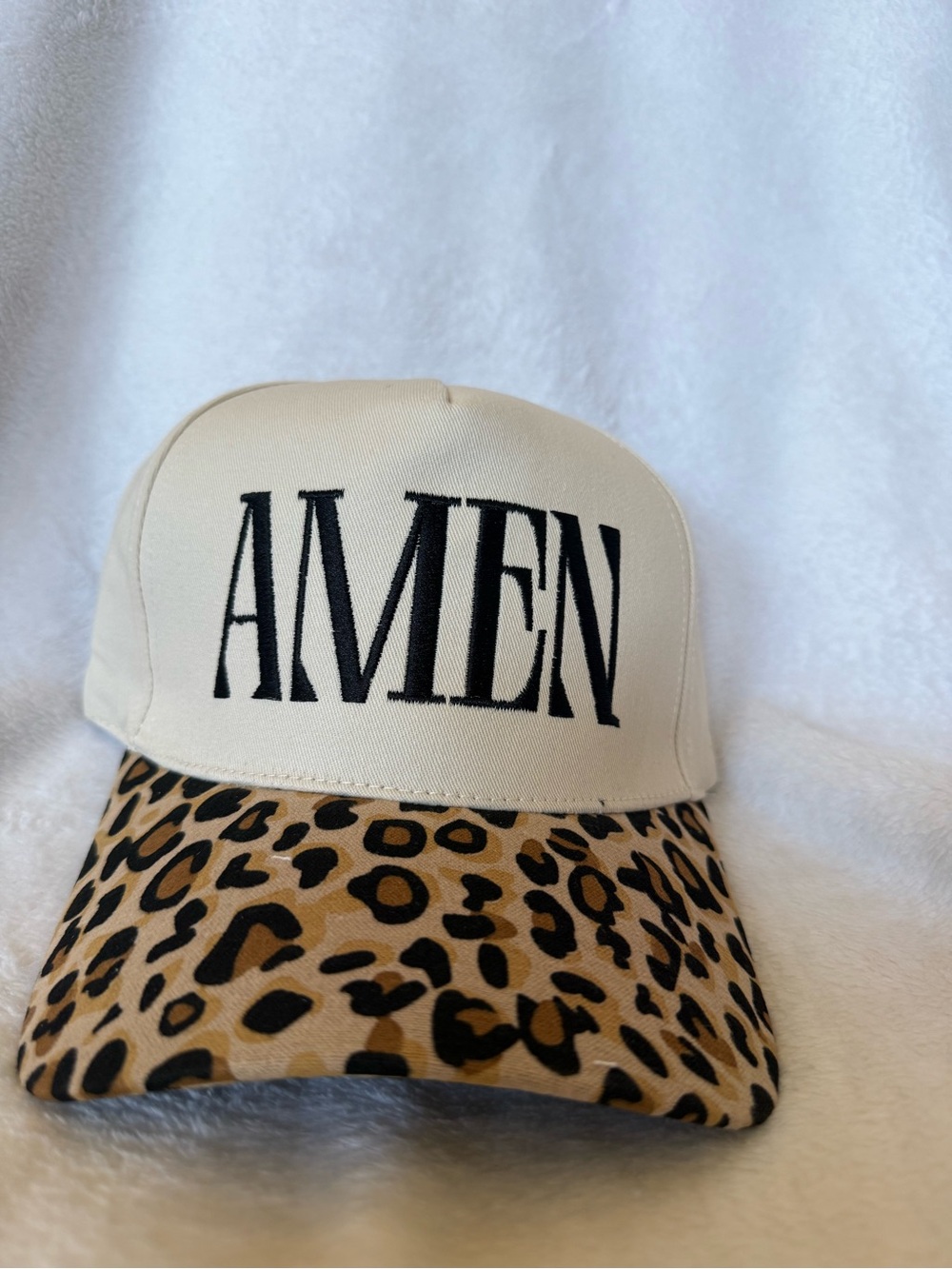AMEN Embroidered Cream Trucker Hat with Leopard Brim